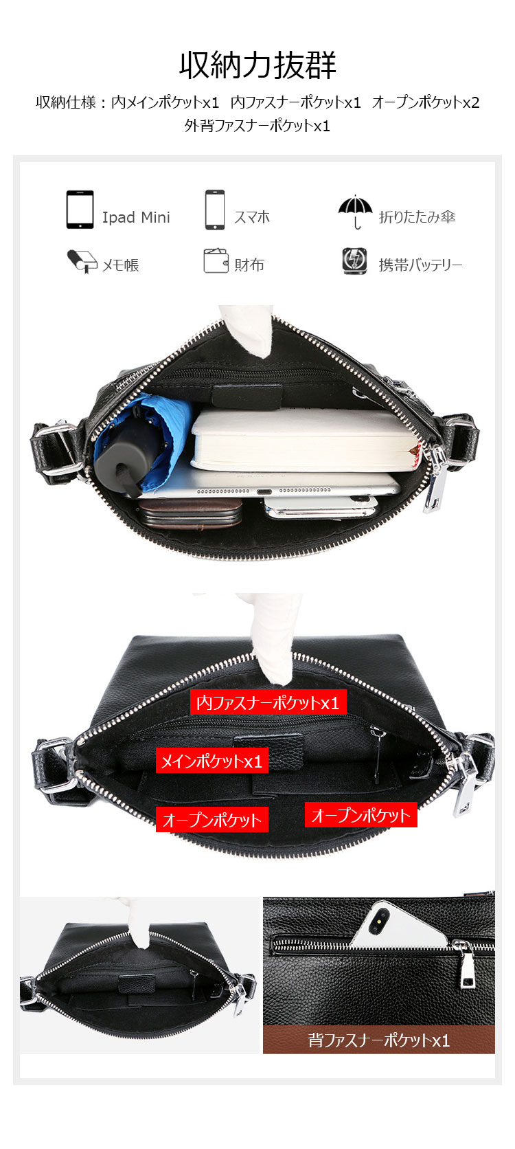 Whatna 2way 牛革 クロコダイル型押し ショルダーバッグ メンズ ポシェットipad9.7 収納可 縦型 メンズビジネスかばん斜めがけ 小さめメッセンジャーバッグ 斜め掛け通学通勤バッグ 肩掛けバッグ 紳士用 男性用 黒 SL-6