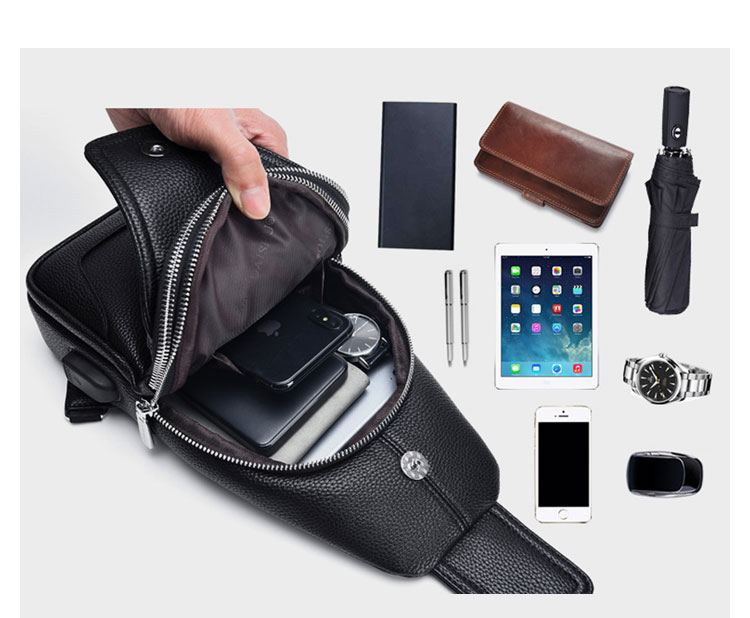 Whatna 革 斜めがけ ボディバッグ ワンショルダー メンズ  イヤホン穴付 USBポート付 左右付け替え可能 本 革 厚手  レザー ブラウン 黒S6125-7