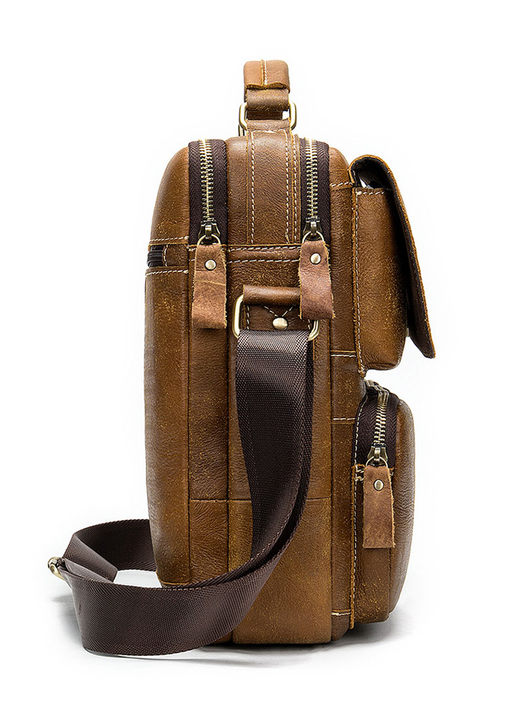 Whatna 牛革 ショルダーバッグ メンズ 2way 斜め掛け 手提げバッグ ポシェットポ 縦型 2室仕切 ipad 10.5収納可小さめ メッセンジャーバッグ 通学 通勤バッグ 肩掛けバッグ 自転車かばん プレゼント男性 ブラウン8605-2