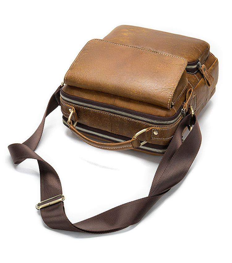 Whatna 牛革 ショルダーバッグ メンズ 2way 斜め掛け 手提げバッグ ポシェットポ 縦型 2室仕切 ipad 10.5収納可小さめ メッセンジャーバッグ 通学 通勤バッグ 肩掛けバッグ 自転車かばん プレゼント男性 ブラウン8605-5