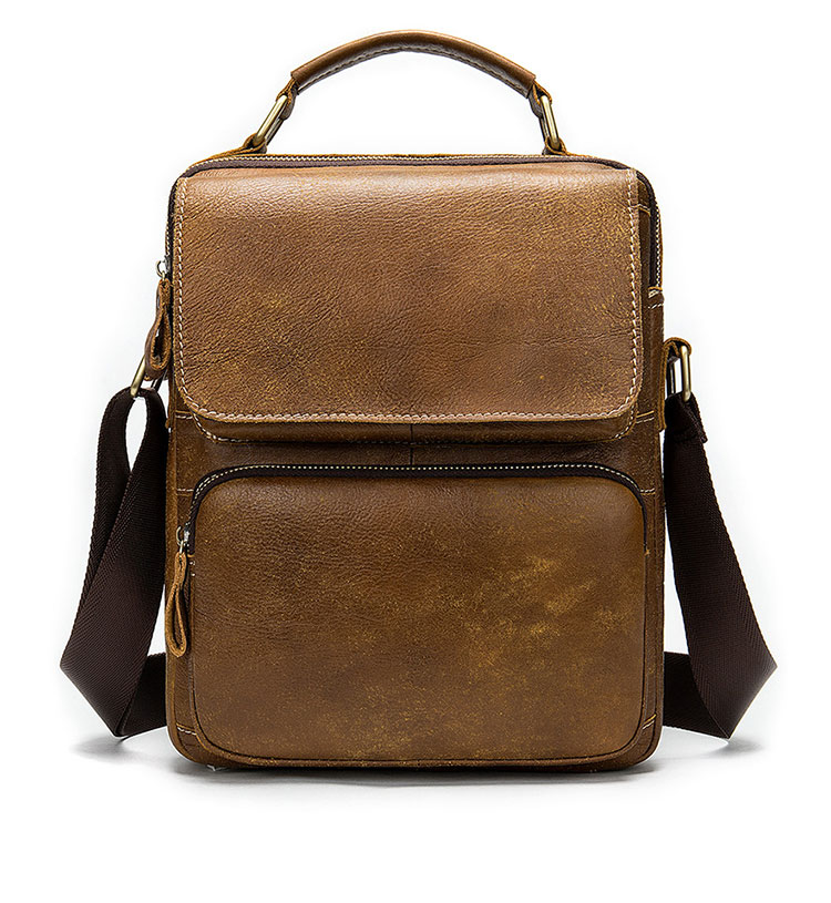 Whatna 牛革 ショルダーバッグ メンズ 2way 斜め掛け 手提げバッグ ポシェットポ 縦型 2室仕切 ipad 10.5収納可小さめ メッセンジャーバッグ 通学 通勤バッグ 肩掛けバッグ 自転車かばん プレゼント男性 ブラウン8605-10