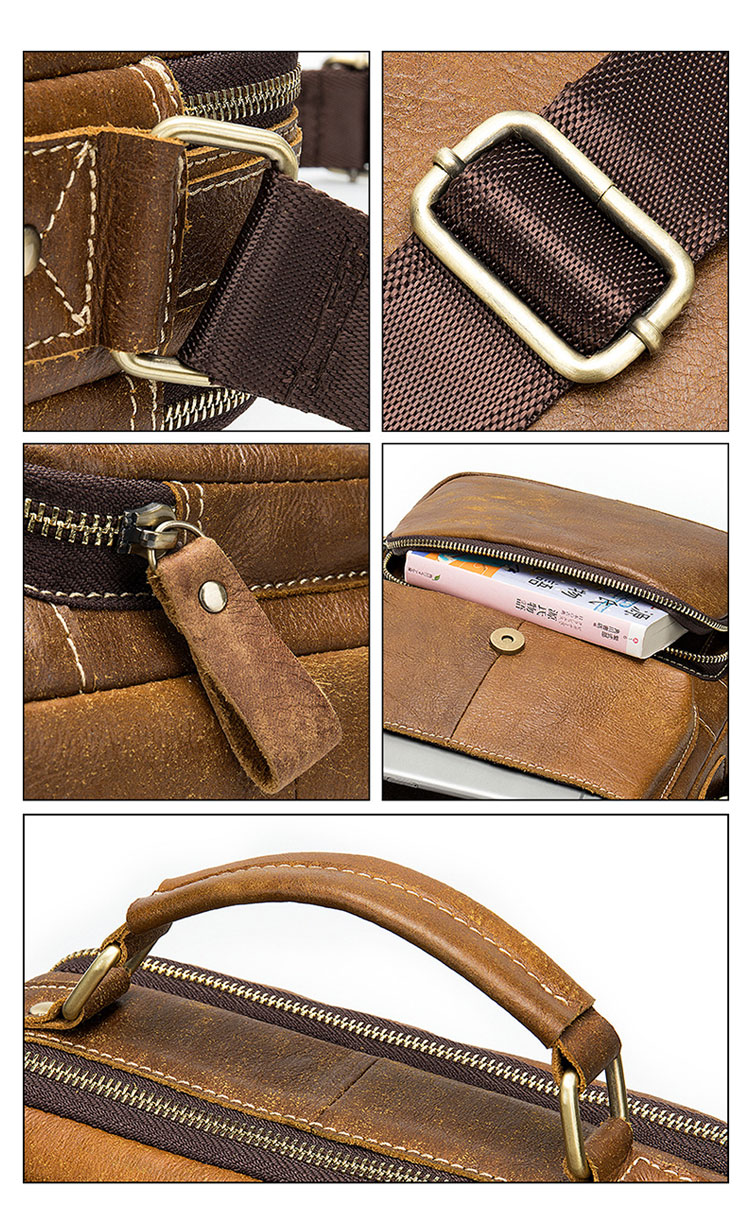 Whatna 牛革 ショルダーバッグ メンズ 2way 斜め掛け 手提げバッグ ポシェットポ 縦型 2室仕切 ipad 10.5収納可小さめ メッセンジャーバッグ 通学 通勤バッグ 肩掛けバッグ 自転車かばん プレゼント男性 ブラウン8605-11