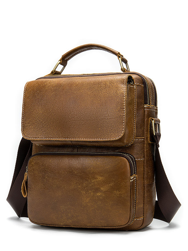 Whatna 牛革 ショルダーバッグ メンズ 2way 斜め掛け 手提げバッグ ポシェットポ 縦型 2室仕切 ipad 10.5収納可小さめ メッセンジャーバッグ 通学 通勤バッグ 肩掛けバッグ 自転車かばん プレゼント男性 ブラウン8605-1