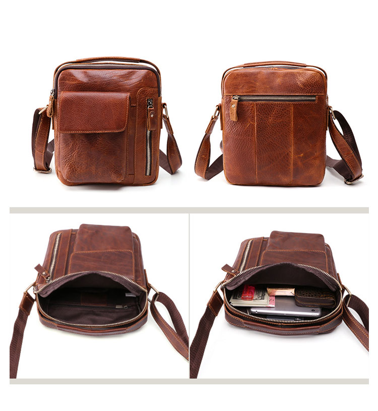 Whatna 牛革 ショルダーバッグ メンズ 2way 斜め掛け 手提げバッグ ポシェットポ 縦型 ipad Mini収納可小さめ メッセンジャーバッグ 通学 通勤バッグ 肩掛けバッグ 自転車かばん プレゼント男性ブラウン 6435-6