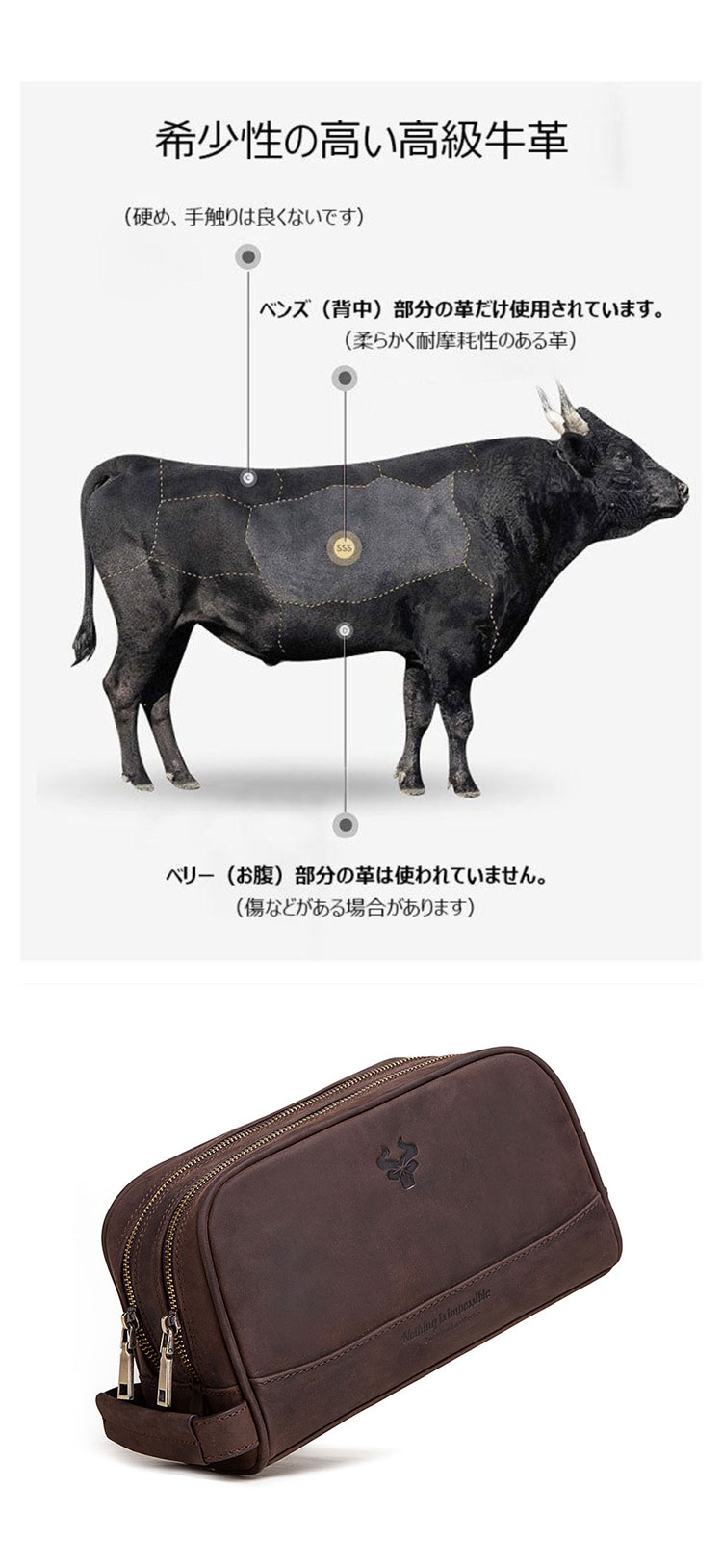 Whatna 2way 牛革 ミニセカンドバッグ メンズ クラッチ バッグ 天 然 厚手 本革 レザー 2室仕切 ダブルファスナー カジュアル フォーマル 冠婚葬祭 結婚式 バッグ紳士用 男性用黒 ブラウン MH575-7