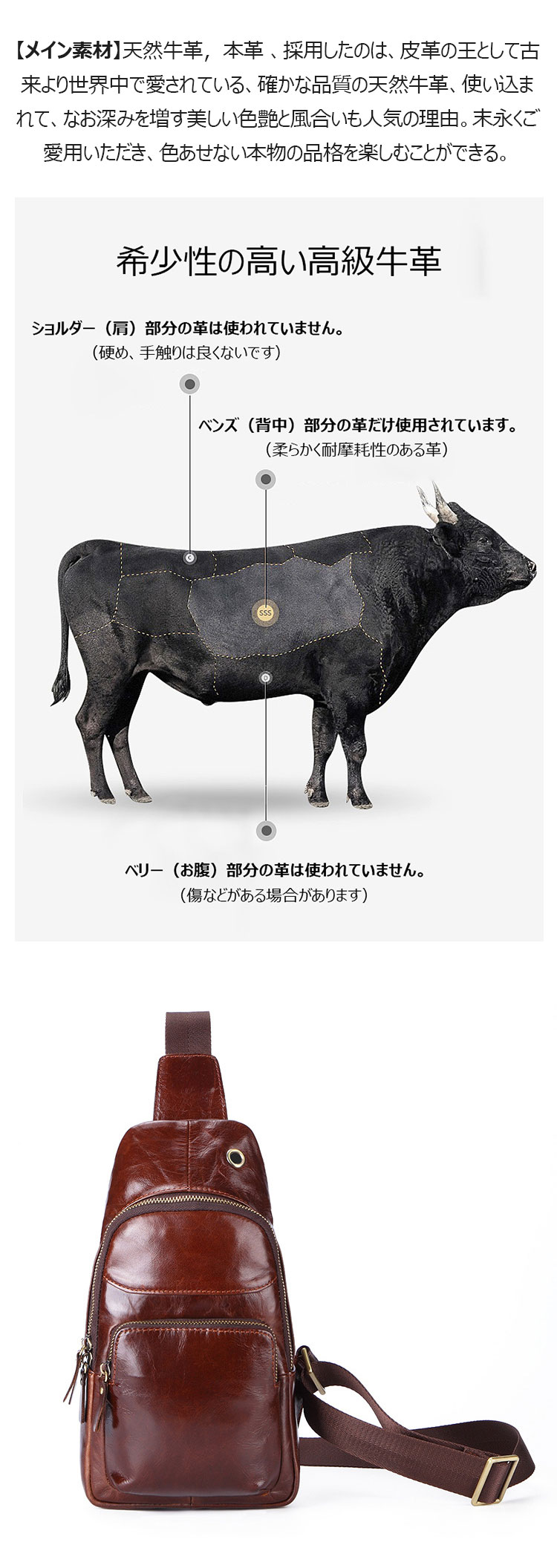 Whatna 牛革 斜めがけ ボディバッグ ワンショルダー メンズ イヤホン穴付本 革 厚手  レザー ブラウン 008-8