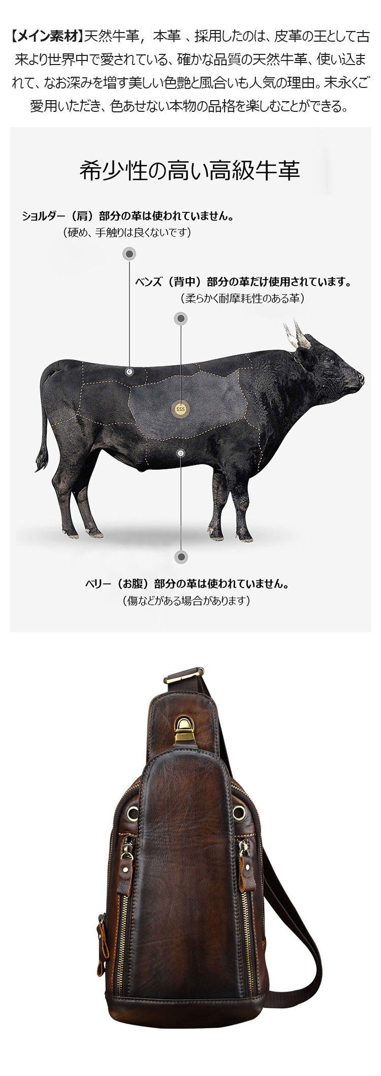 Whatna 牛革 斜めがけ ボディバッグ ワンショルダー メンズ イヤホン穴付本 革 厚手  レザー ブラウン 8030-9