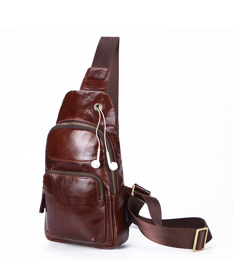 Whatna 牛革 斜めがけ ボディバッグ ワンショルダー メンズ イヤホン穴付本 革 厚手  レザー ブラウン 008-1