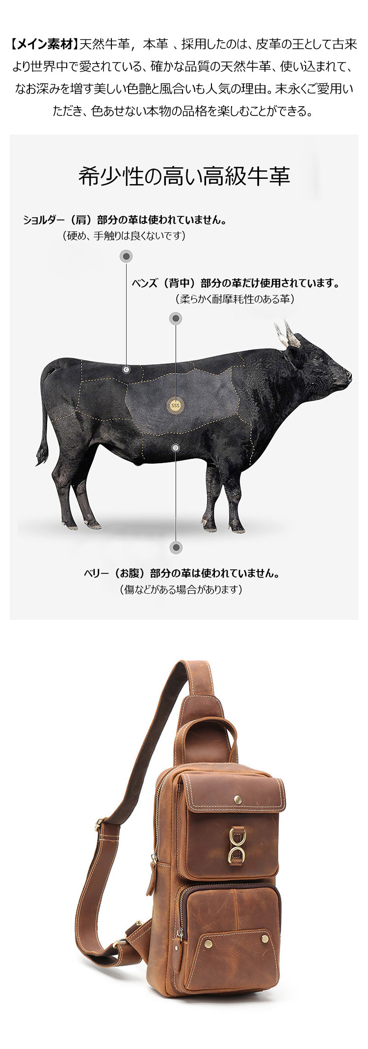 Whatna 牛革 斜めがけ ボディバッグ ワンショルダー メンズ 左右付け替え可能 本 革 厚手 レザー ブラウン 0083-8