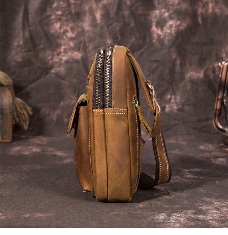 Whatna 牛革 斜めがけ ボディバッグ ワンショルダー メンズ 左右付け替え可能 本 革 厚手  レザー ブラウン 5235-3