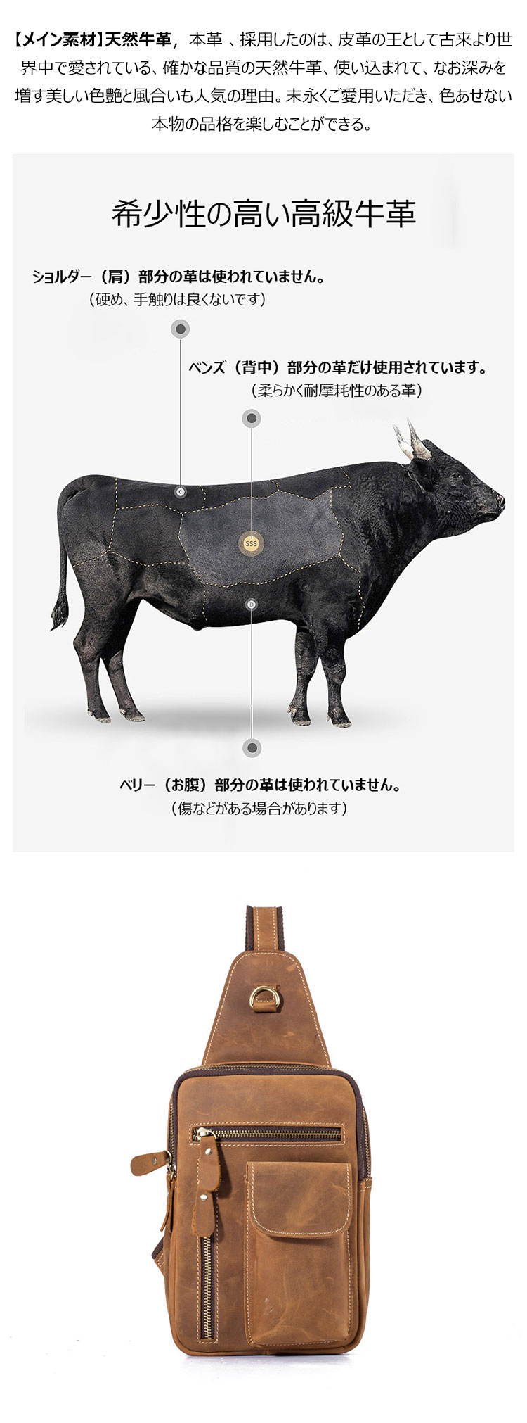 Whatna 牛革 斜めがけ ボディバッグ ワンショルダー メンズ 左右付け替え可能 本 革 厚手  レザー ブラウン 5235-7