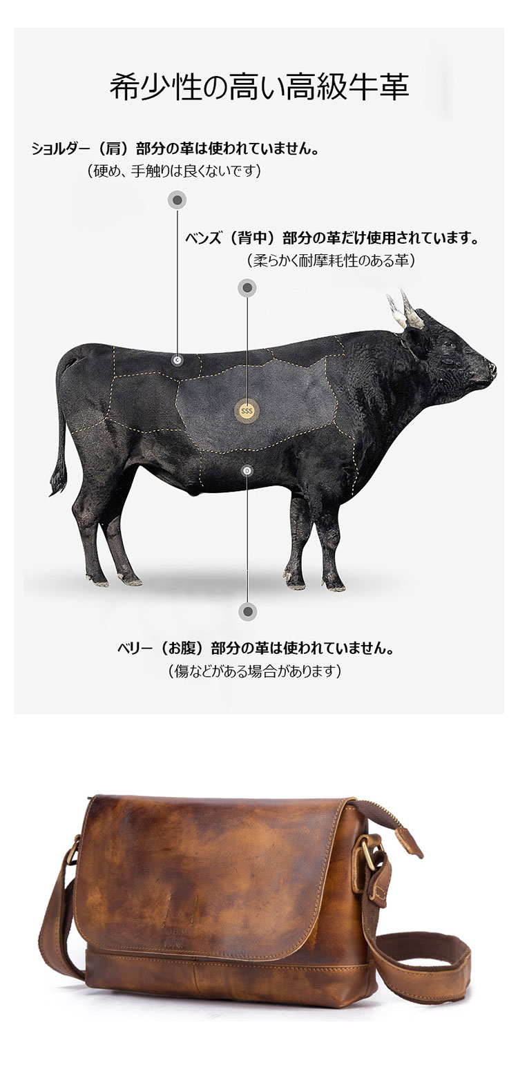 Whatna アンティーク風合い鞣し天然牛革 ショルダーバッグ