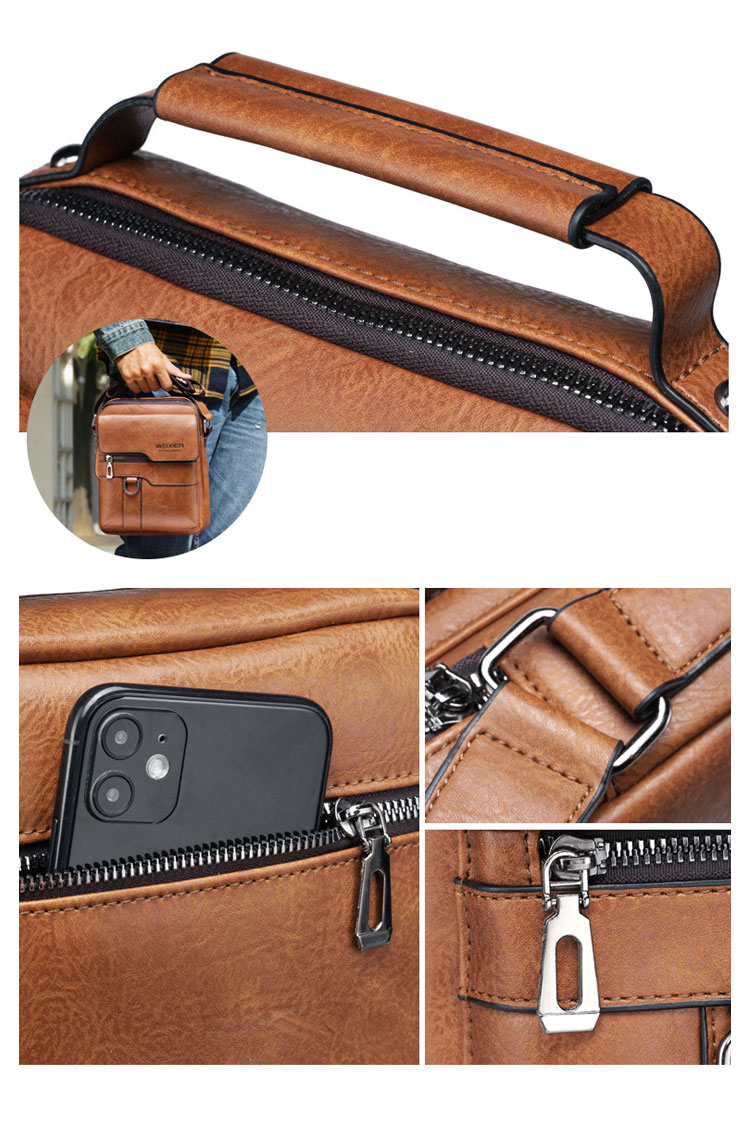 Whatnaショルダーバッグ メンズ 2way 斜め掛け 手提げ 厚手 皮革 レザー ipadmini収納可 縦型 小さめ メッセンジャーバッグ 通学 通勤バッグ 軽量 実用 自転車かばん プレゼント男性 黒 ブラウン（8642）-8