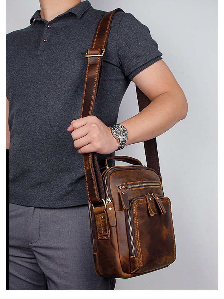 Whatna天然 牛革 ショルダーバッグ メンズ 2way 斜め掛け 手提げバッグ ポシェットポ 縦型 防盗設計 ipad 9.7収納可小さめ メッセンジャーバッグ 通学 通勤バッグ 肩掛けバッグ 自転車かばん プレゼント男性 黒 ブラウン1063-8