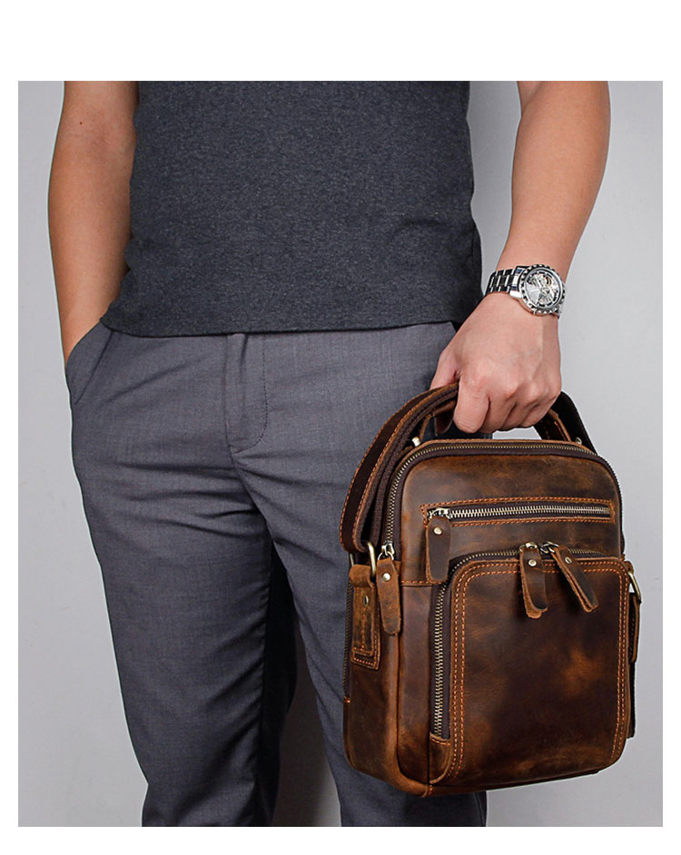 Whatna天然 牛革 ショルダーバッグ メンズ 2way 斜め掛け 手提げバッグ ポシェットポ 縦型 防盗設計 ipad 9.7収納可小さめ メッセンジャーバッグ 通学 通勤バッグ 肩掛けバッグ 自転車かばん プレゼント男性 黒 ブラウン1063-7