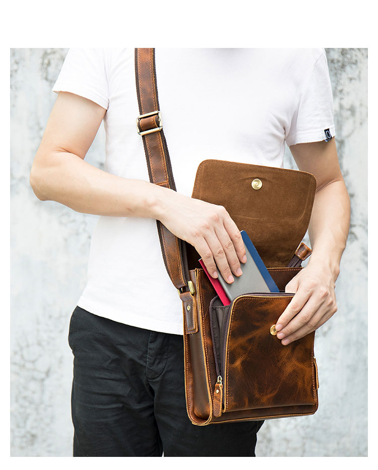 Whatna 天然牛革 ショルダーバッグ メンズ メッセンジャーバッグ小さめ ビジネスバッグ ipad10.5収納可縦型 本革 通勤 通学 斜めがけバッグ オシャレ な シンプル な 軽量 実用 自転車 かばん男性用 ブラウン 黒(7433)-6