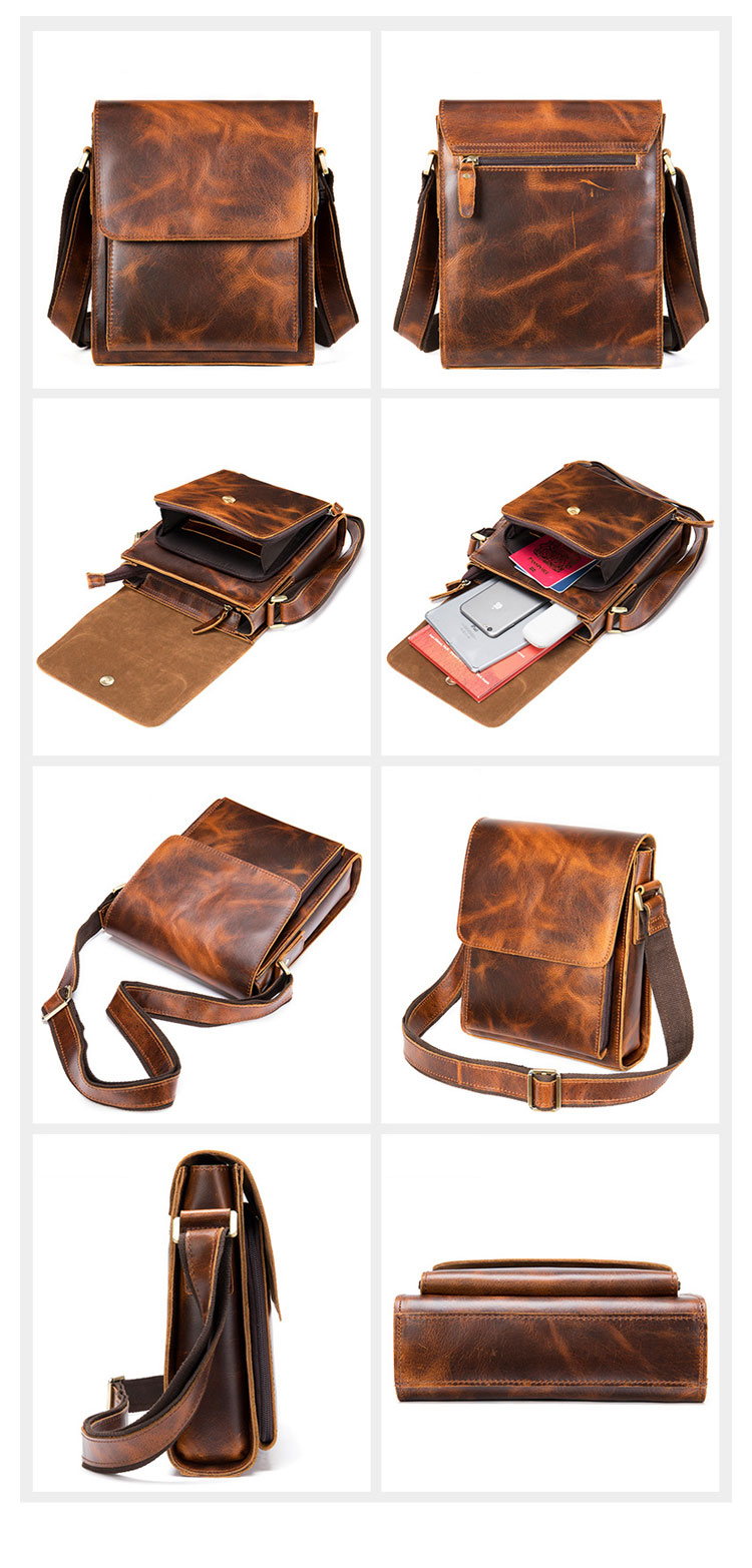 Whatna 天然牛革 ショルダーバッグ メンズ メッセンジャーバッグ小さめ ビジネスバッグ ipad10.5収納可縦型 本革 通勤 通学 斜めがけバッグ オシャレ な シンプル な 軽量 実用 自転車 かばん男性用 ブラウン 黒(7433)-2