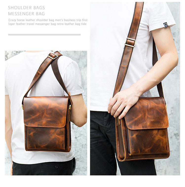 Whatna 天然牛革 ショルダーバッグ メンズ メッセンジャーバッグ小さめ ビジネスバッグ ipad10.5収納可縦型 本革 通勤 通学 斜めがけバッグ オシャレ な シンプル な 軽量 実用 自転車 かばん男性用 ブラウン 黒(7433)-8