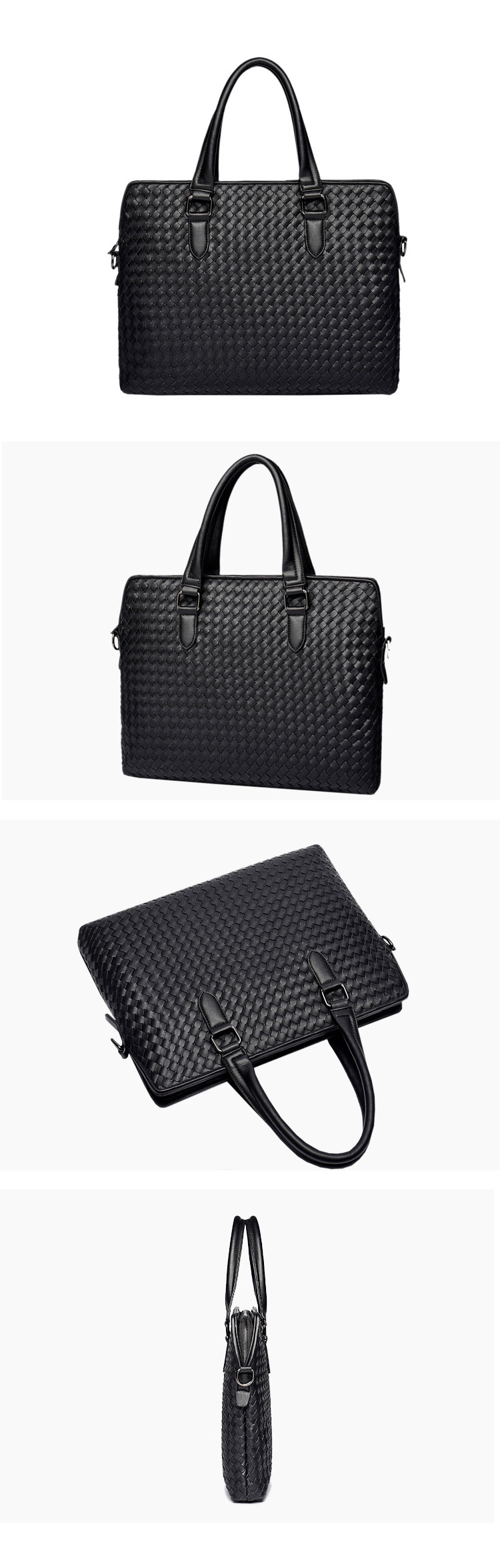 Whatna 手作り編み込み革 ビジネスバッグ メンズ 2way 手提げバッグ ショルダーバッグ  A4 15.6インチpc 収納可 本革 ビジネス 通勤 通学 斜めがけ バッグ ワンショルダーバッグ自転車 かばん男性用 黒（9212）-1