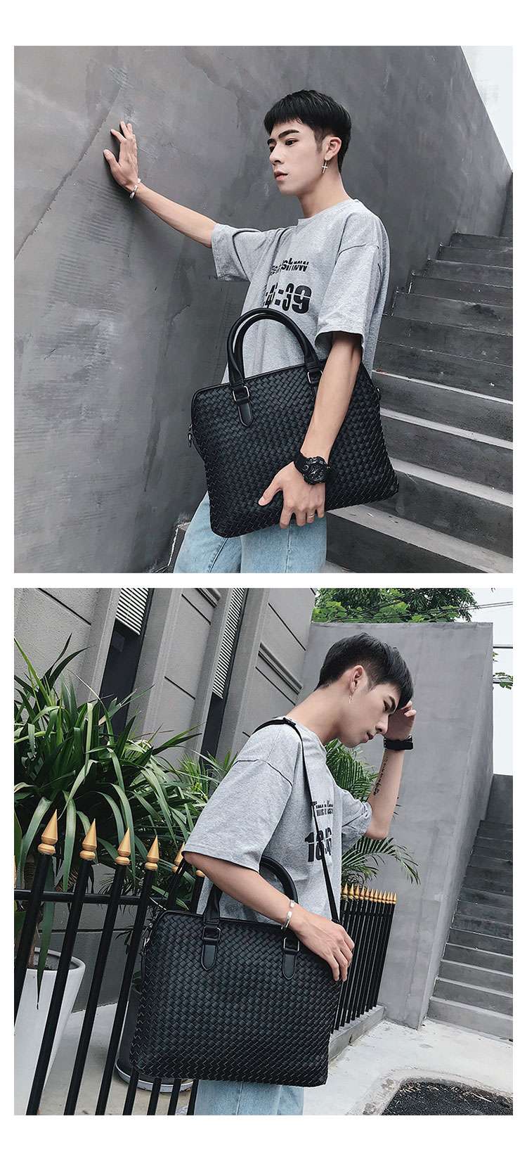 Whatna 手作り編み込み革 ビジネスバッグ メンズ 2way 手提げバッグ ショルダーバッグ  A4 15.6インチpc 収納可 本革 ビジネス 通勤 通学 斜めがけ バッグ ワンショルダーバッグ自転車 かばん男性用 黒（9212）-6