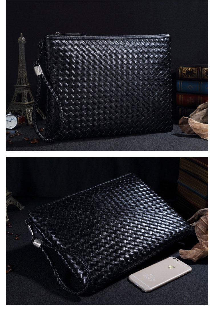 Whatna 手作り編み込み 2way革 セカンド バッグ メンズ レディース バッグ [クラッチ ショルダー 肩掛け 結婚式 バッグ]  厚手 本 革 A4 大きめ 手持ちバッグ ビジネス フォーマル 冠婚葬祭 バッグ 紳士用 男性用 黒（1225）-2