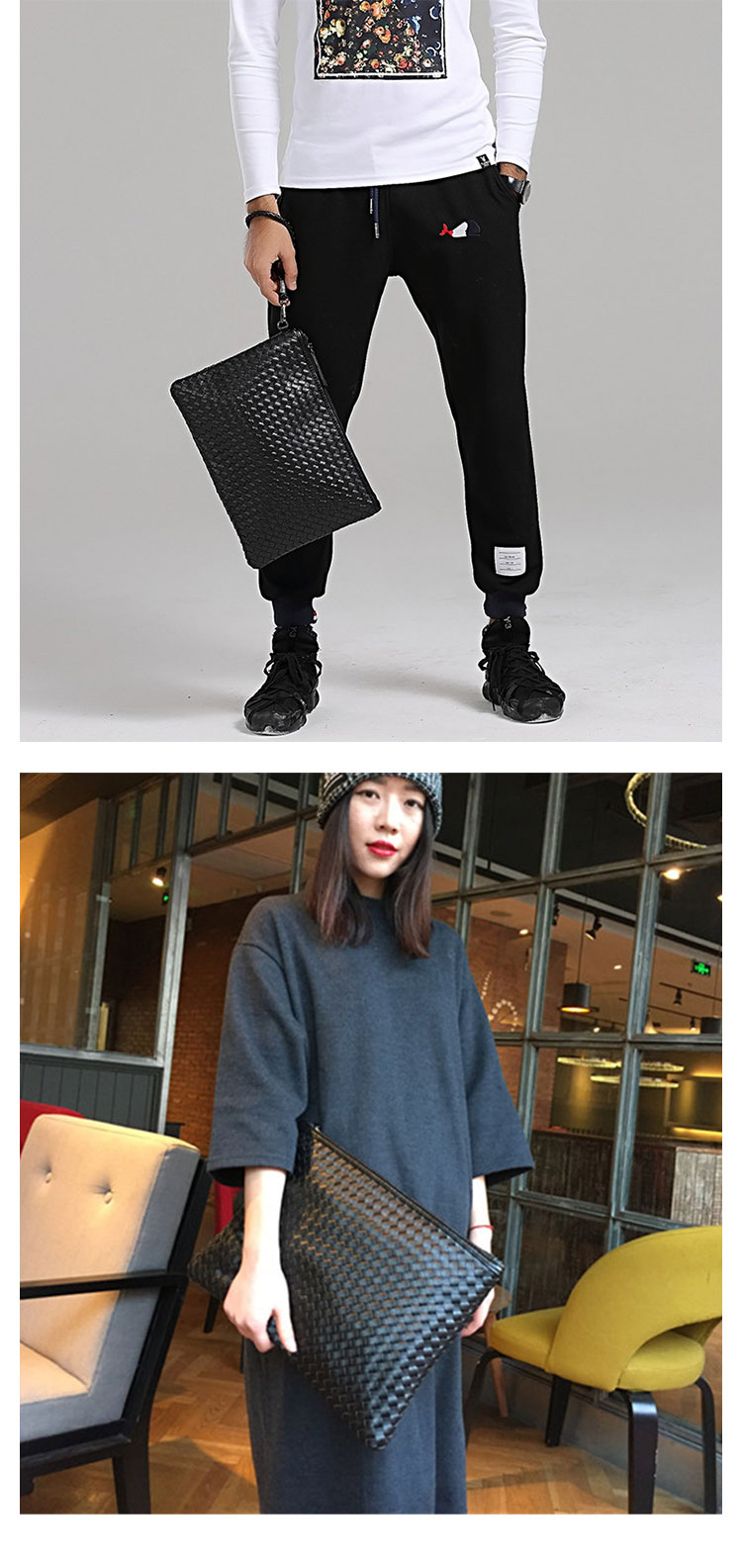 Whatna 手作り編み込み 2way革 セカンド バッグ メンズ レディース バッグ [クラッチ ショルダー 肩掛け 結婚式 バッグ]  厚手 本 革 A4 大きめ 手持ちバッグ ビジネス フォーマル 冠婚葬祭 バッグ 紳士用 男性用 黒（1225）-7