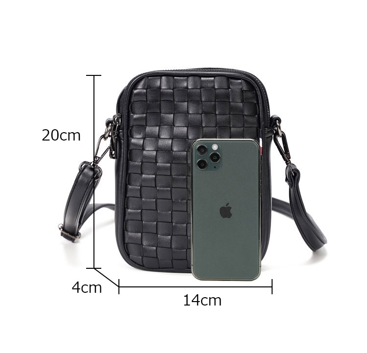 Whatna 手作り編み込み ミニショルダーバッグ メンズ ポシェット カード3枚収納 2室仕切 縦型 ショルダーミニポーチ 革 軽量 小型 小さめメッセンジャーバッグ斜め掛け 軽量 実用 自転車 かばん男性用 黒 (YH3228)-3