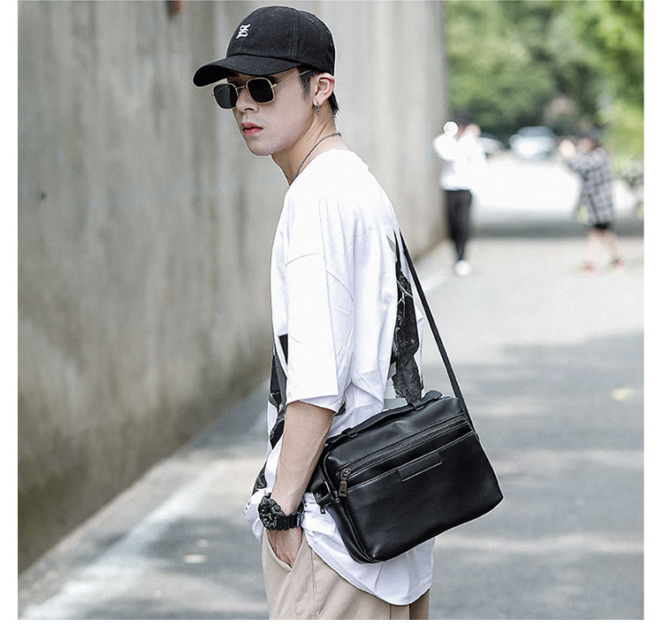 Whatna 革 ショルダーバッグ メンズ ポシェット2way 斜め掛け 手提げバッグ セカンドバッグ 6枚カード Ipad 10.5収納 可 厚手 レザー 横型 通学 通勤 肩掛けミニ バッグ 自転車かばん プレゼント男性 黒-7