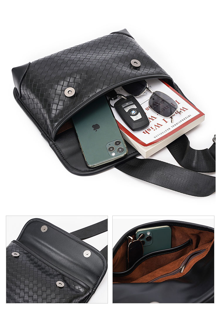 Whatna 手作り編み込み 革 ショルダーバッグ メンズ メッセンジャーバッグ 斜め掛け ボディバッグ 横型 ipad Mini収納可 本 革 厚手 レザー ビジネスバッグ 小さい 斜めがけ バッグ 男性用 紳士用 黒（YH3377）-5