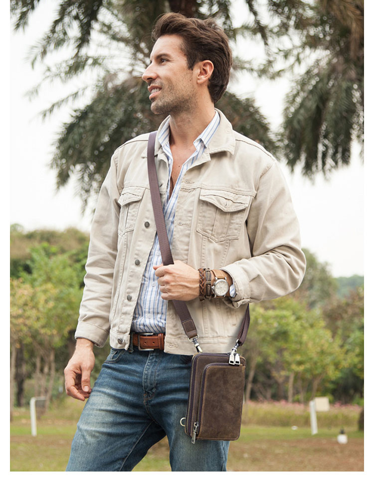 Whatna  天然 牛革 ミニショルダーバッグ メンズ ポシェットポお財布 4枚カード収納 3way斜め掛け ボディバッグ ベルト ポーチ ミニ 胸バッグ ウエストバッグ 長財布 ショルダーベルト付属 斜め掛け 通学 通勤 ミニバッグ 紳士用 男性用 ブラウン-6