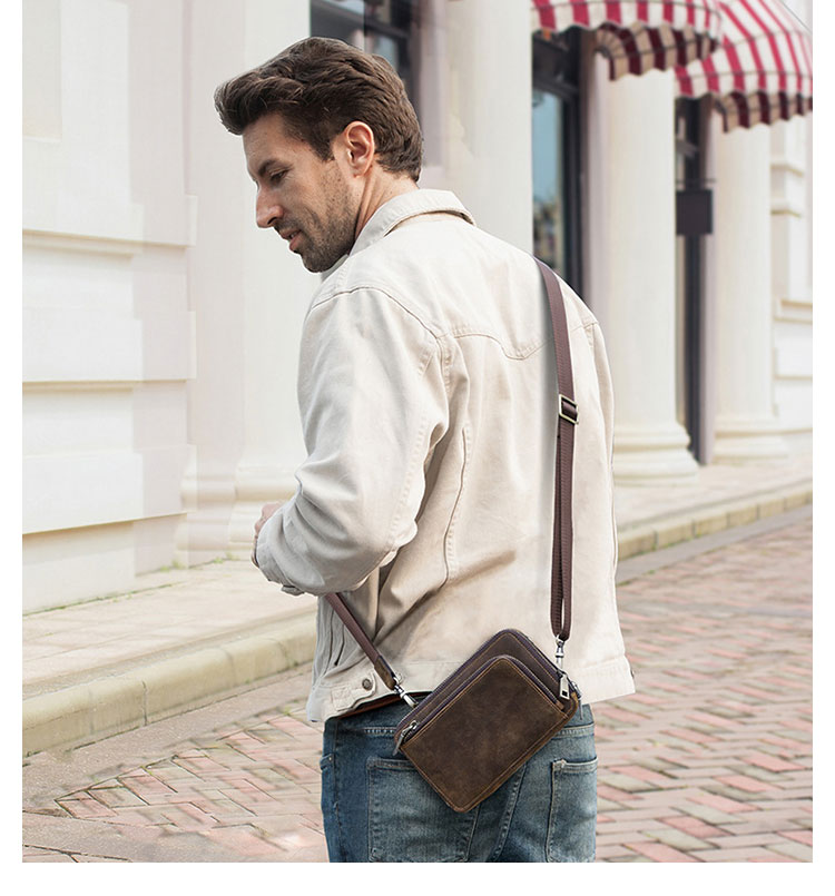 Whatna  天然 牛革 ミニショルダーバッグ メンズ ポシェットポお財布 4枚カード収納 3way斜め掛け ボディバッグ ベルト ポーチ ミニ 胸バッグ ウエストバッグ 長財布 ショルダーベルト付属 斜め掛け 通学 通勤 ミニバッグ 紳士用 男性用 ブラウン-7