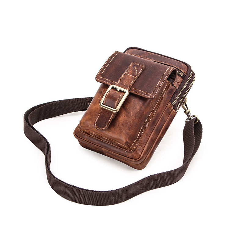 Whatna 天然 牛革 ミニショルダーバッグ メンズ ポシェットポお財布 5枚カード収納 3way斜め掛け ボディバッグ ベルト ポーチ ミニ 胸バッグ ウエストバッグ ショルダーベルト付属 斜め掛け 通学 通勤 ミニバッグ 紳士用 男性用 ブラウン-5