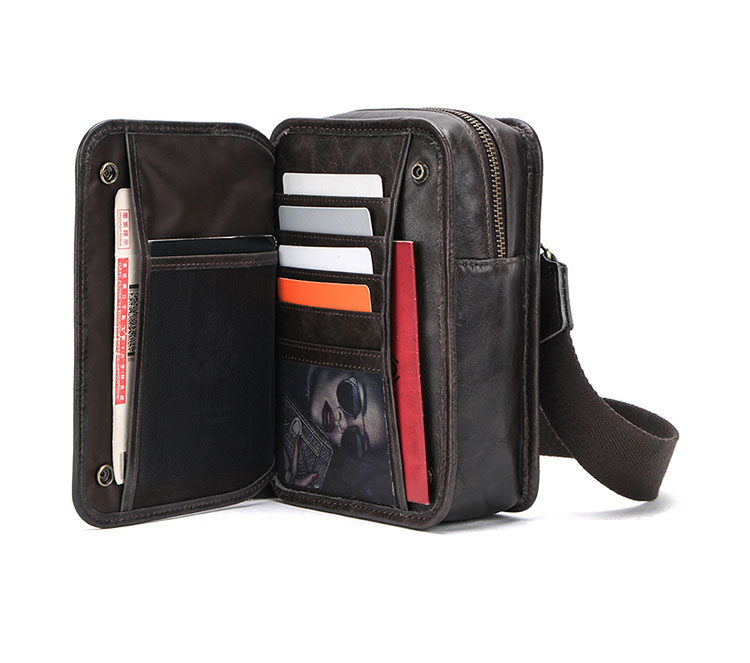 Whatna 天然 牛革 ミニショルダーバッグ メンズ ポシェットポお財布 4枚カード収納 3way斜め掛け ボディバッグ ベルト ポーチ ミニ 胸バッグ ウエストバッグ 長財布 ショルダーベルト付属 斜め掛け 通学 通勤 ミニバッグ 紳士用 男性用 ブラウン-5