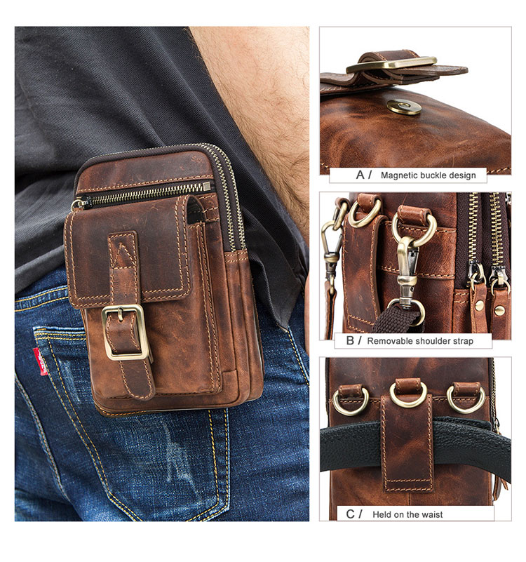 Whatna 天然 牛革 ミニショルダーバッグ メンズ ポシェットポお財布 5枚カード収納 3way斜め掛け ボディバッグ ベルト ポーチ ミニ 胸バッグ ウエストバッグ ショルダーベルト付属 斜め掛け 通学 通勤 ミニバッグ 紳士用 男性用 ブラウン-10