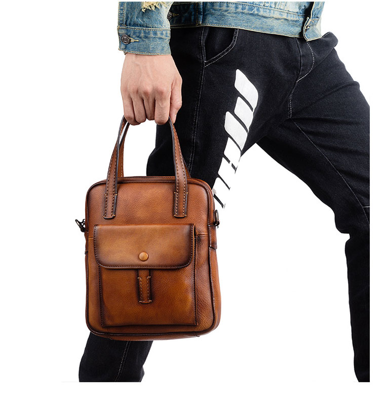 Whatna アンティーク風合い鞣し天然牛革 ショルダーバッグ メンズ 2way 斜め掛け 手提げ 厚手 本革 レザー小さめ メッセンジャーバッグ 通学 通勤バッグ 軽量 実用 自転車かばん プレゼント男性 黒 ブラウン-10