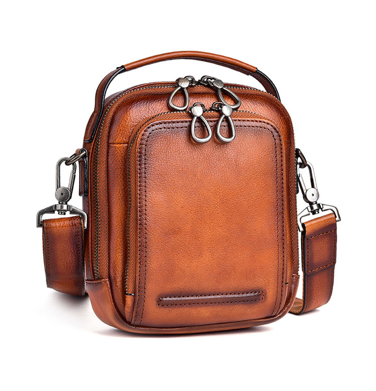 Whatna アンティーク風合い鞣し天然牛革 ショルダーバッグ メンズ 2way 斜め掛け 手提げ バッグ カードポケット×2 縦型 本革 レザー小さめ メッセンジャーバッグ 通学 通勤バッグ 軽量 実用 自転車かばん プレゼント男性 黒 ブラウン-2