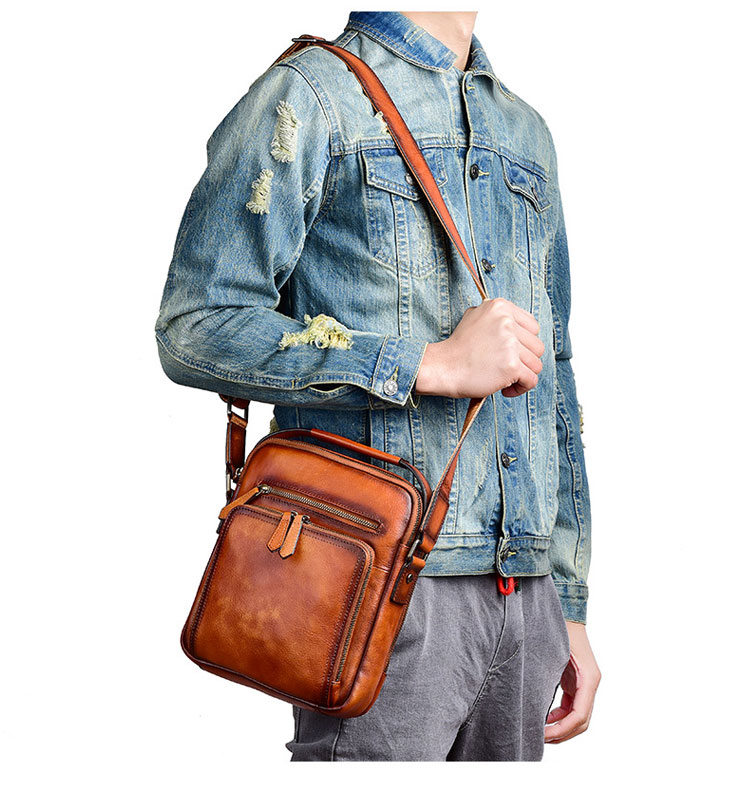 Whatna アンティーク風合い鞣し天然牛革 ショルダーバッグ メンズ 2way 斜め掛け 手提げ バッグ2室仕切 縦型 本革 レザー小さめ メッセンジャーバッグ 通学 通勤バッグ 軽量 実用 自転車かばん プレゼント男性 黒 ブラウン-10