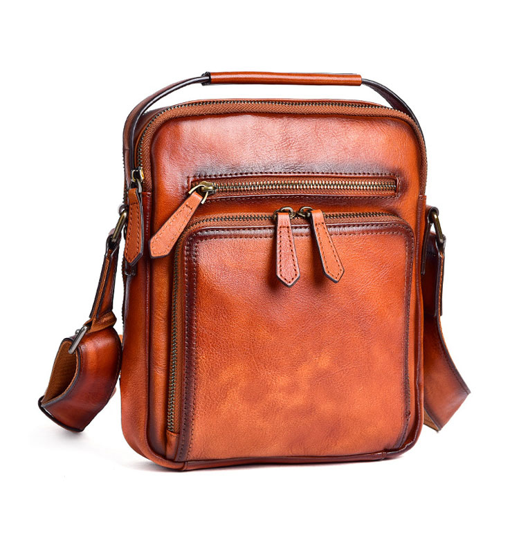 Whatna アンティーク風合い鞣し天然牛革 ショルダーバッグ メンズ 2way 斜め掛け 手提げ バッグ2室仕切 縦型 本革 レザー小さめ メッセンジャーバッグ 通学 通勤バッグ 軽量 実用 自転車かばん プレゼント男性 黒 ブラウン-2