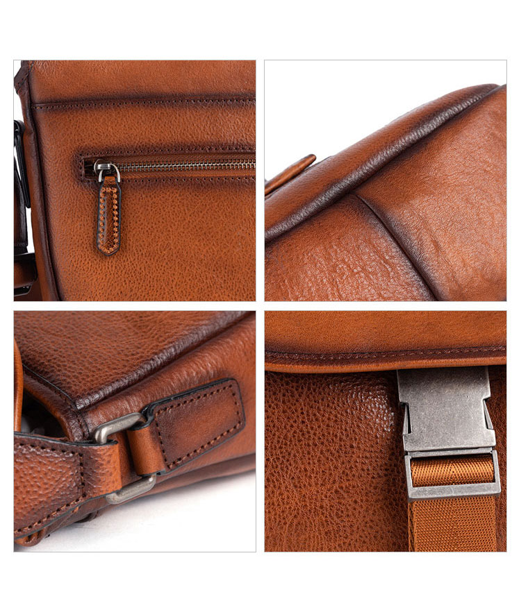 Whatna アンティーク風合い鞣し天然牛革 ショルダーバッグ メンズ  斜め掛けバッグ 2室仕切 本革 レザー小さめ メッセンジャーバッグ 通学 通勤バッグ 軽量 実用 自転車かばん プレゼント男性 黒 ブラウン-7