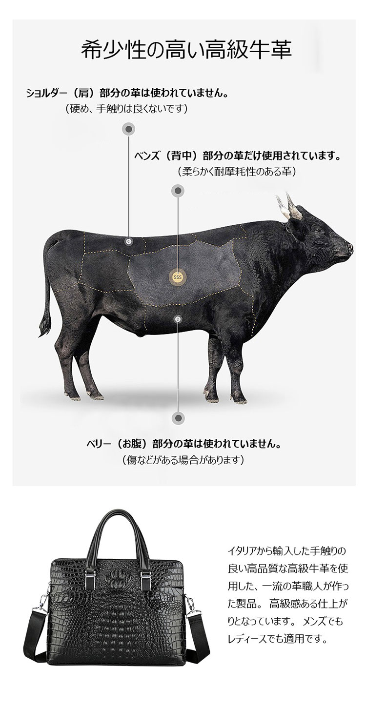 Whatna 牛革 クロコダイル型押し 2室仕切 ビジネス バッグメンズ