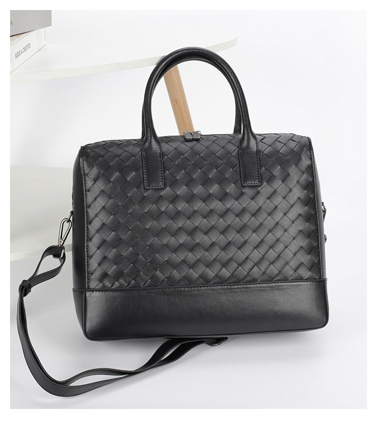 Whatna 手作り編み込み ビジネスバッグメンズ 2WAY 手提げ ショルダー バッグ 厚手 レザー 本 革 A4 15インチ PC収納可 大容量 旅行出 張用 通勤 通学 就活 面接 バッグ かばん 男性用 黒(9503)-1