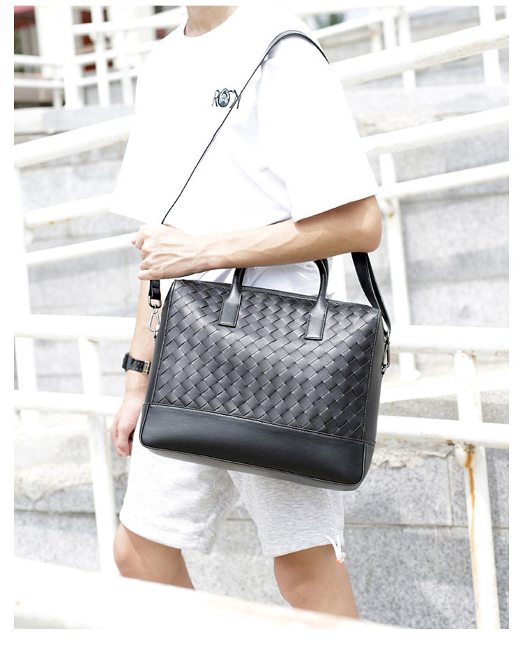 Whatna 手作り編み込み ビジネスバッグメンズ 2WAY 手提げ ショルダー バッグ 厚手 レザー 本 革 A4 15インチ PC収納可 大容量 旅行出 張用 通勤 通学 就活 面接 バッグ かばん 男性用 黒(9503)-10