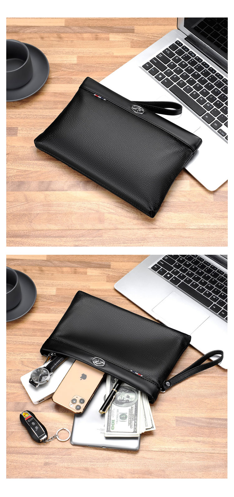 Whatna 2way 天然 牛革 セカンドバッグ メンズ バッグ クラッチ バッグ 本革 厚手 レザー B5カード8 枚収納可 小銭入れ 札入れ手持ちバッグ 結婚式 バッグ フォーマル ビジネス 冠婚葬祭 バッグ 男性用 紳士用 黒 G6660-8