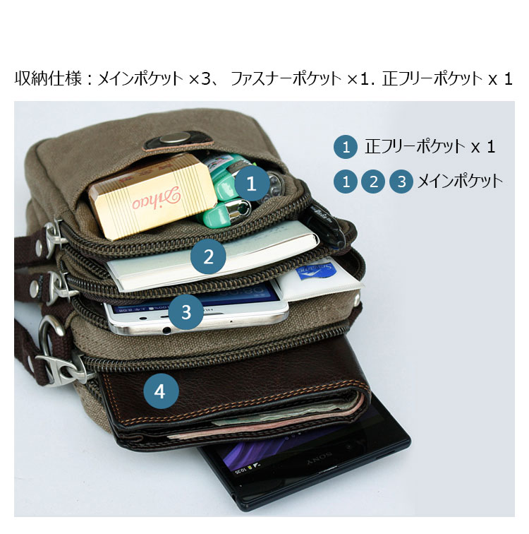 Whatna 帆布 ミニショルダーバッグ メンズ ポシェット4way斜め掛け ミニ サコッシュ カラビナポーチ ベルトループ ポーチ ミニ ウエストバッグ カラビナ付き ショルダーベルト付 キャンバス 通学 通勤 ミニバッグ 紳士用 男性用 5017-2