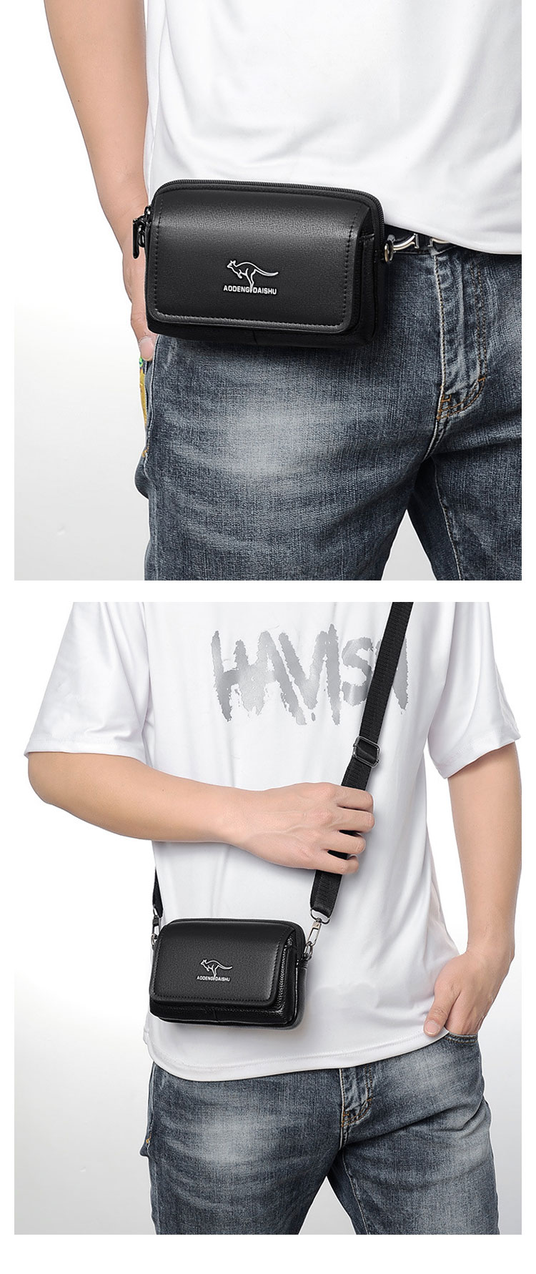 Whatna 3way 革 ミニセカンド バッグ メンズ 小さいウェストポーチ ベルトポーチ ミニショルダーバッグ ショルダーベルト付 ハンドストラップ付 結婚式 バッグ ビジネス フォーマル 冠婚葬祭 バッグ紳士用 男性用 黒 A08-7