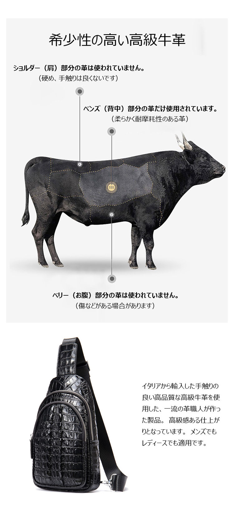 Whatna クロコダイル型押し天然 牛革 斜めがけ ボディバッグ
