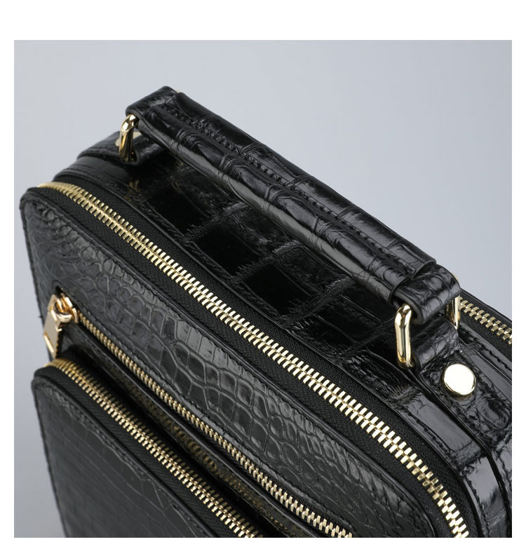 Whatna クロコダイル革ショルダーバッグ メンズ ワニ革 本革 2way斜め掛け 手提げ バッグ 縦型 Ipad 10.5 収納可 ビジネスバッグ小さめ 通学 通勤鞄 軽量 実用 自転車かばん プレゼント男性 黒1075B-7