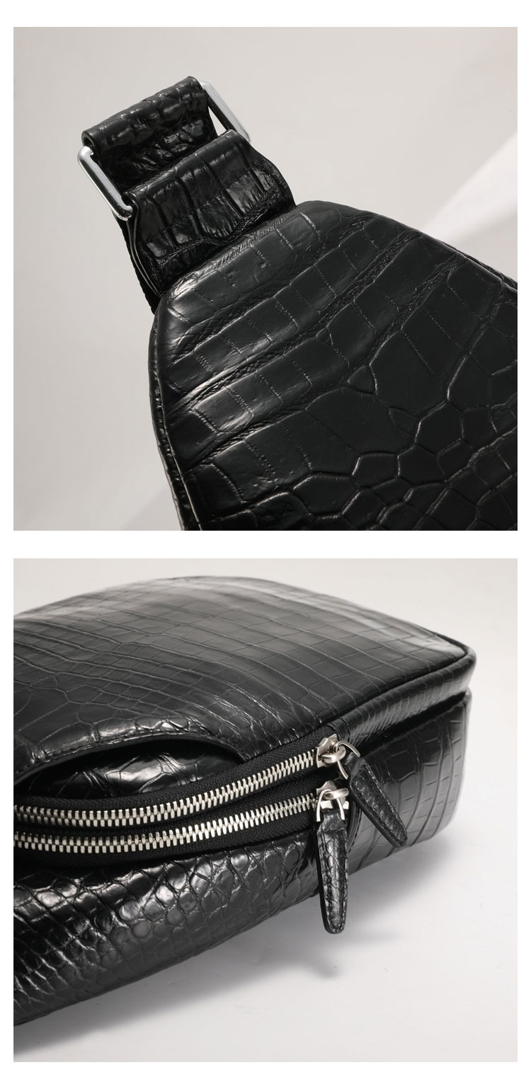 Whatna クロコダイル革 本革 斜めがけ ボディバッグ ワンショルダー メンズ 厚手 レザー ワニ革左右付け替え可能 黑 1002B-10