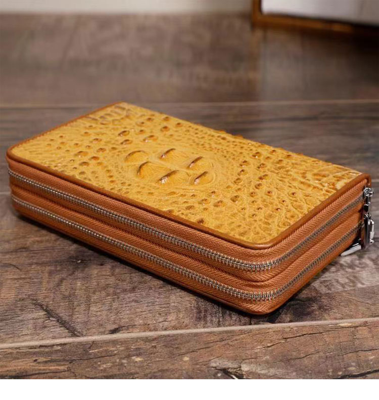 Whatna 2way 牛革 クロコダイル型押し ミニセカンドバッグ メンズ バッグ ダブルファスナー 小銭入れ 8枚カード収納 小さめ クラッチバッグ 長財布 手持ちバッグ 男性用 紳士用 結婚式 バッグ 冠婚葬祭 黒ブラウン 0303-4