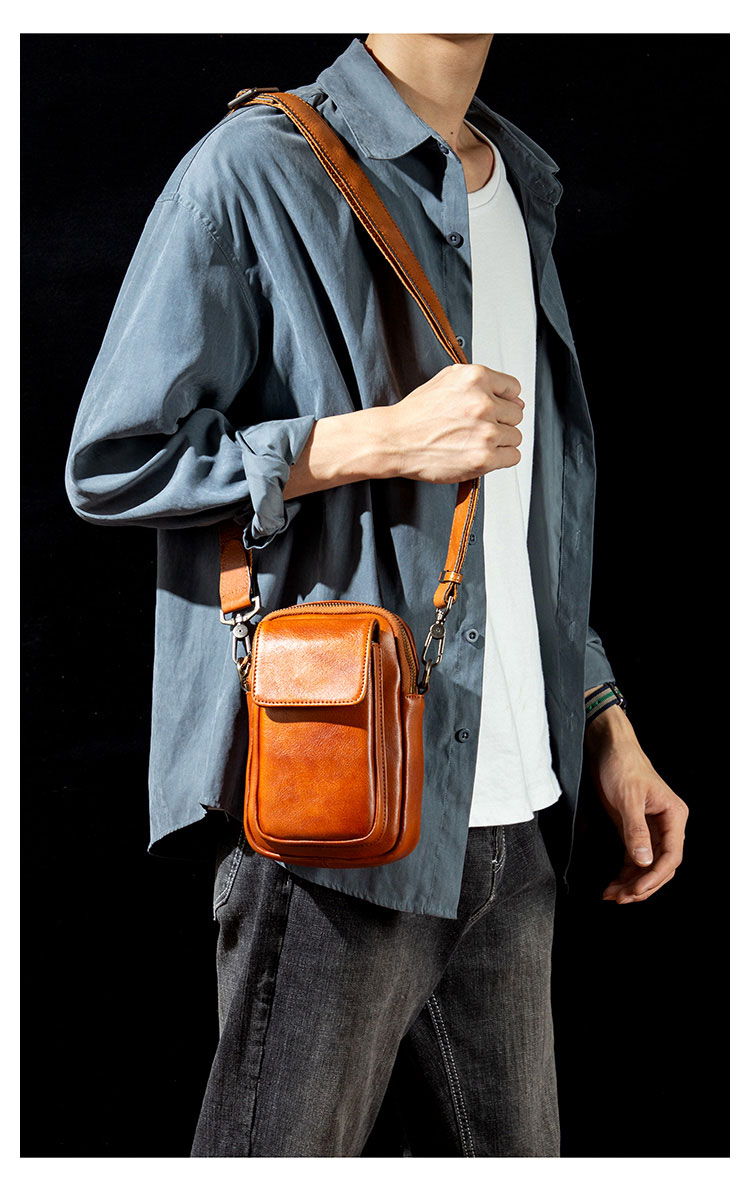 Whatna アンティーク風合い鞣し天 然 牛革 ミニショルダーバッグ メンズ ポシェット3way斜め掛け ボディバッグ ベルト ポーチ ミニ 胸バッグ ウエストバッグ ショルダーベルト付属 斜め掛け 通学 通勤 ミニバッグ 紳士用 男性用 13641-9